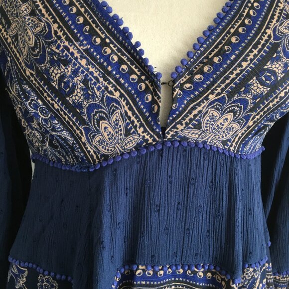 FREE PEOPLE Blue MultiColor Mixed Fabric Applique Long Sleeve Boheme Dress - Picture 7 of 11